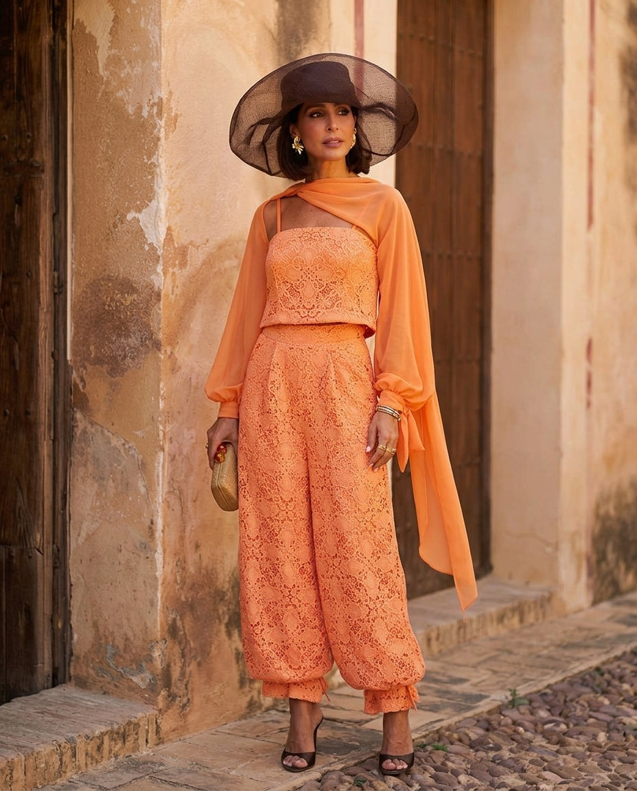 Orange Grace Summer Lace Jacket Orange Jacket with Wide-Leg silhouette and Textured texture, fabric and construction detail for Business Casual, Evening in Amalfi, Euro Chic Premium by Massicos