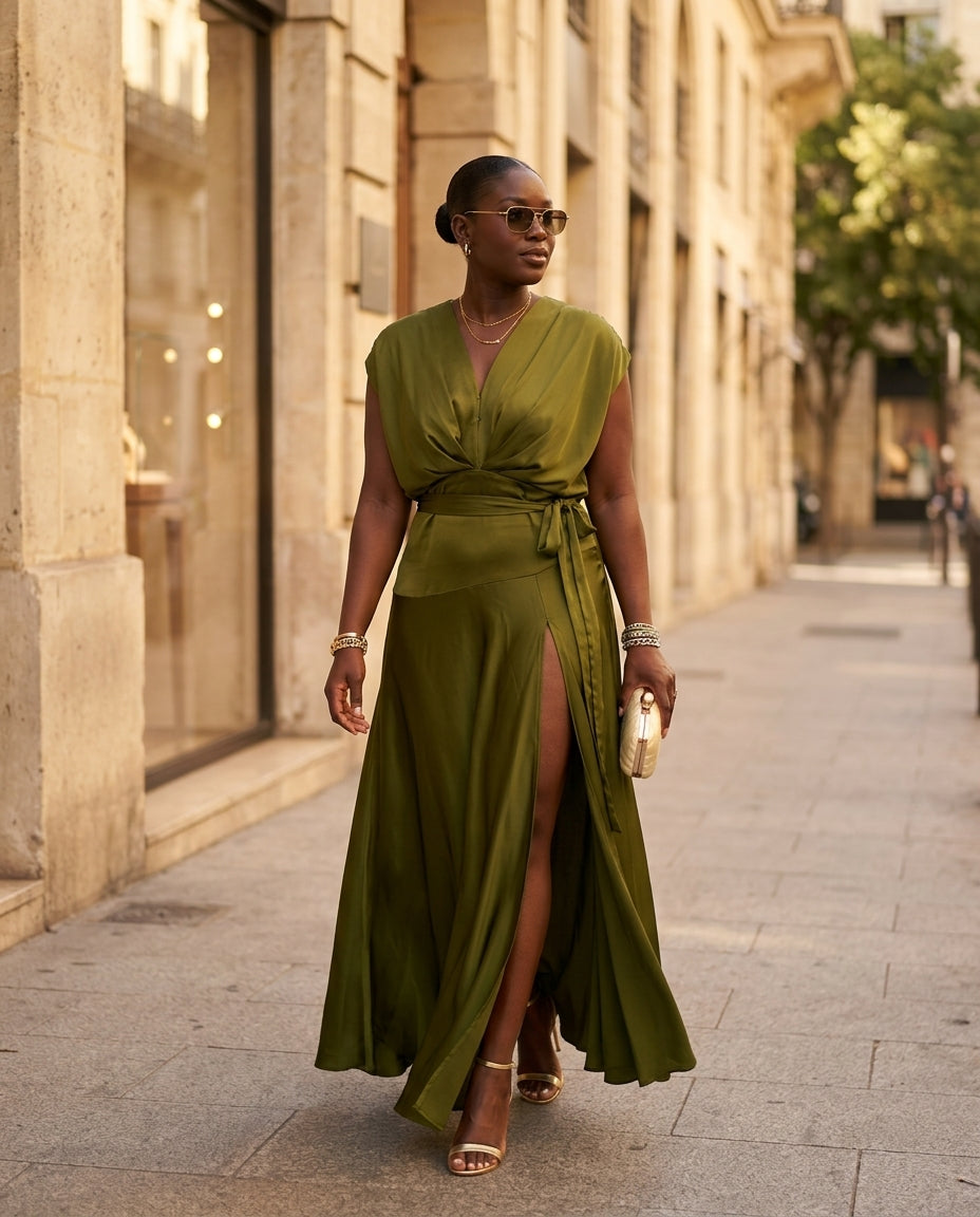 Olive Green Grace Summer Satin Maxi Dress Olive Green Maxi Dress with Asymmetric silhouette and Satin texture, fabric and construction detail for Resort Dinner, Brunch in SoHo, US Coastal Glam by Massicos