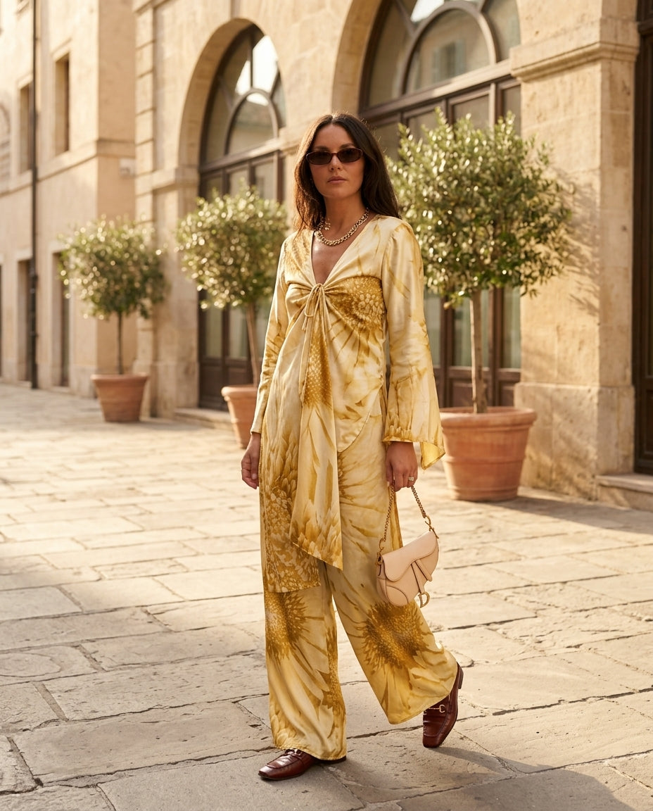 Light Yellow Charm Resort Floral Pant Set Light Yellow Pant Set with Wide-Leg silhouette and Satin texture, fabric and construction detail for Resort Wear, Evening in Amalfi, Euro Chic Premium by Massicos