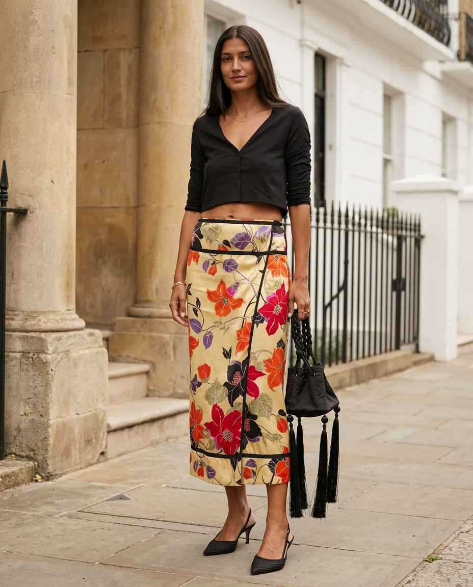 Black Whisper Summer Floral Two-Piece Set Black Two-Piece Set with Asymmetric silhouette and Textured texture, fabric and construction detail for Beach Dinner, Coffee in Marais, Euro Chic Premium by Massicos