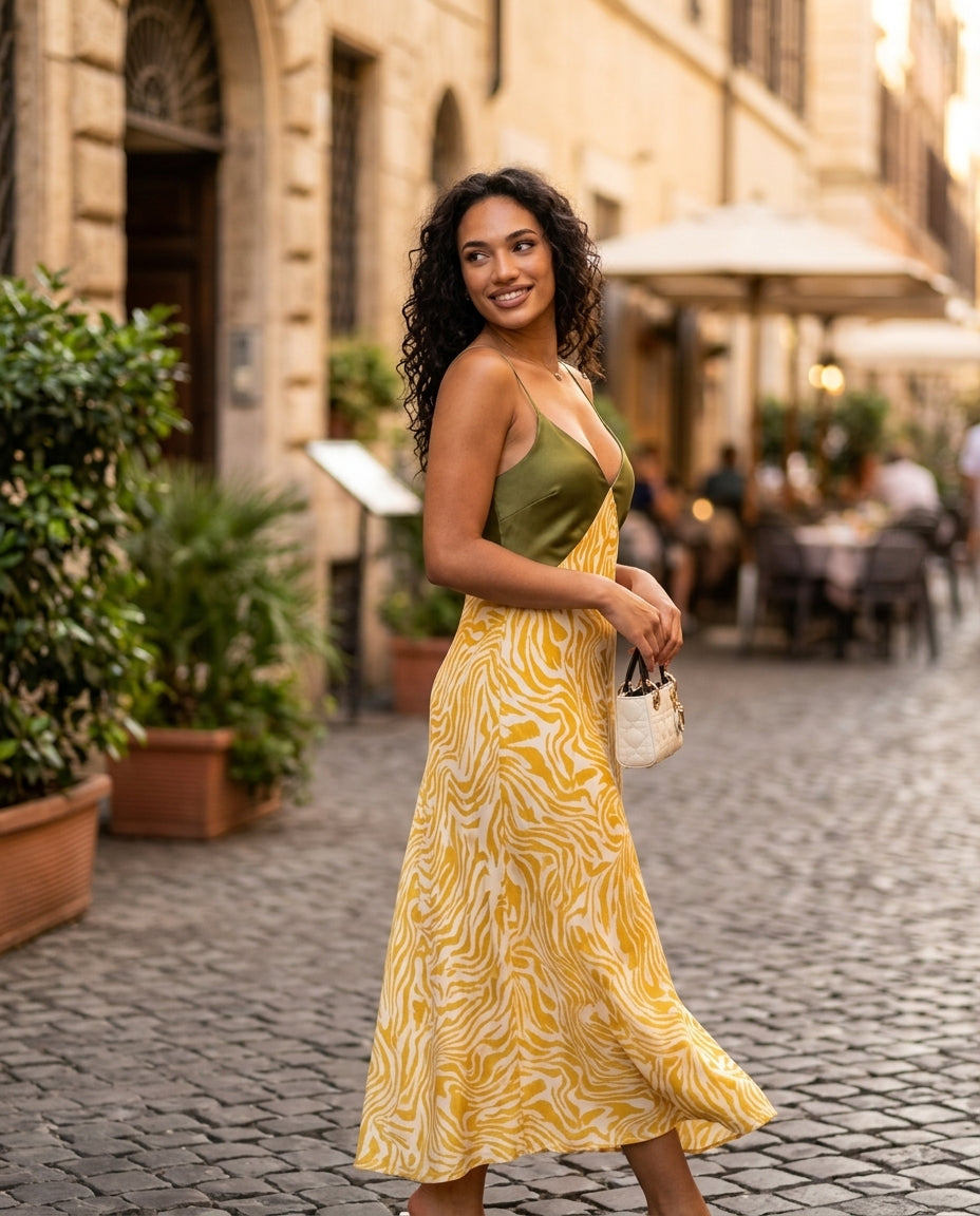 Butter Yellow Glow Summer Printed Maxi Dress Butter Yellow Maxi Dress with Asymmetric silhouette and Textured texture, fabric and construction detail for Wedding Guest, Brunch in SoHo, US Coastal Glam by Massicos