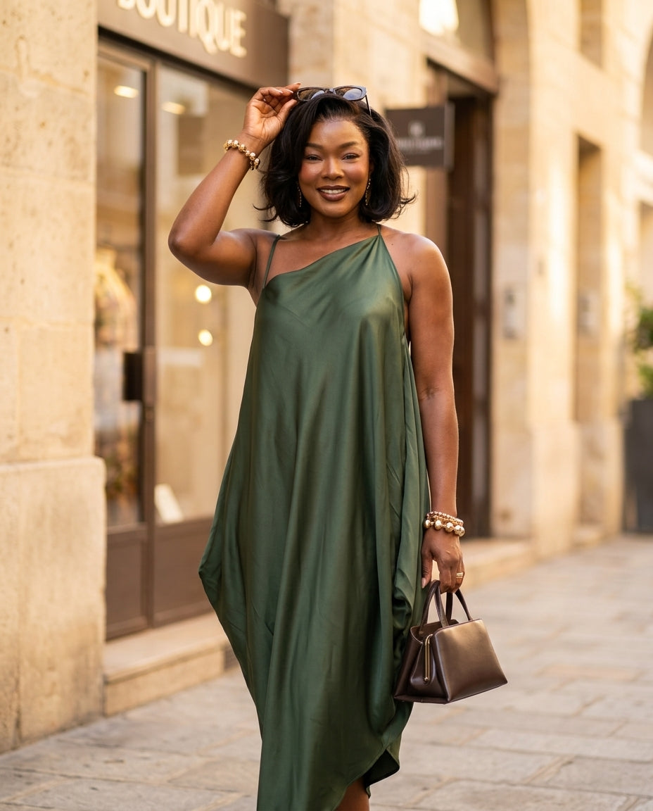 Dark Green Velvet Resort Satin Maxi Dress Dark Green Maxi Dress with Asymmetric silhouette and Satin texture, fabric and construction detail for Resort Wear, a gallery opening in Paris, Euro Chic Premium by Massicos