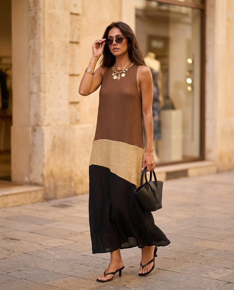 Brown Charm Resort Textured Maxi Dress Brown Maxi Dress with Asymmetric silhouette and Textured texture, fabric and construction detail for Resort Wear, an estate dinner at golden hour, US East / Hamptons Elite by Massicos