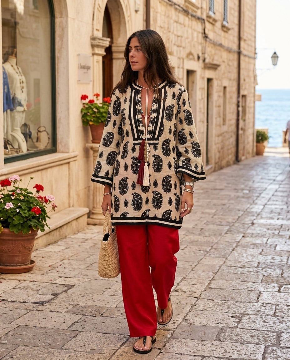 Sand Whisper Resort Paisley Maxi Dress Sand Maxi Dress with Asymmetric silhouette and Linen Blend texture, fabric and construction detail for Resort Wear, a gallery opening in Paris, Euro Chic Premium by Massicos