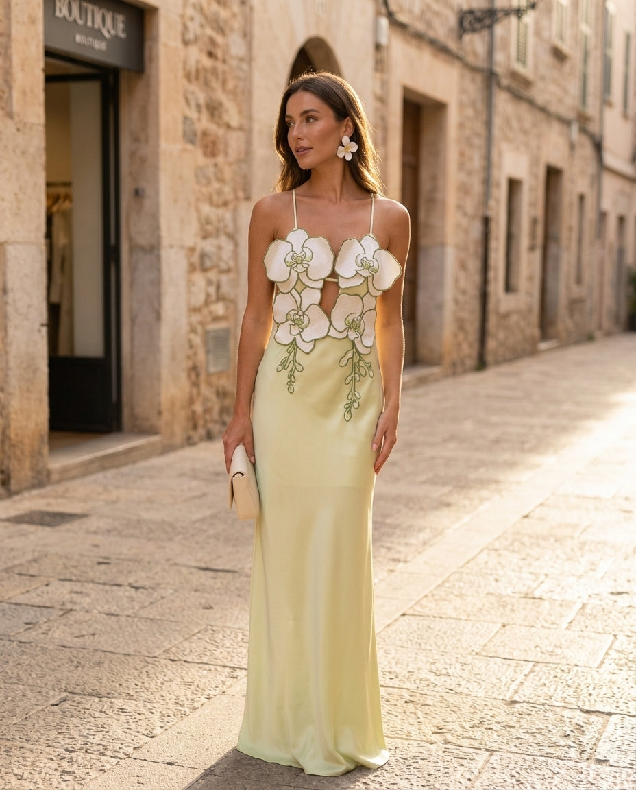 Light Green Allure Evening Floral Maxi Dress Light Green Maxi Dress with Relaxed Fit silhouette and Textured texture, fabric and construction detail for Date Night, a rooftop dinner in LA, US Coastal Glam by Massicos