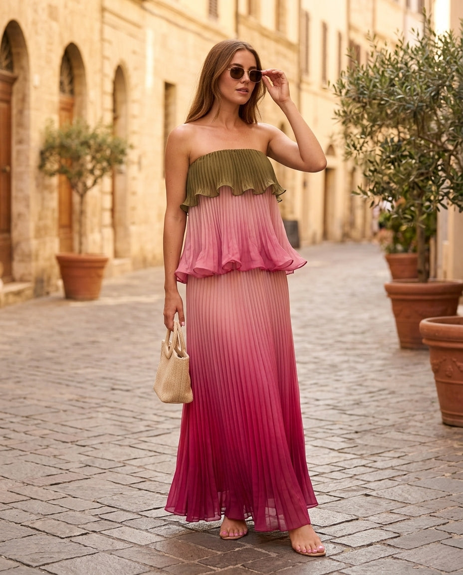 Pink Solace Summer Pleated Maxi Dress Pink Maxi Dress with Relaxed Fit silhouette and Textured texture, fabric and construction detail for Garden Party, a polished coastal brunch, US East / Hamptons Elite by Massicos