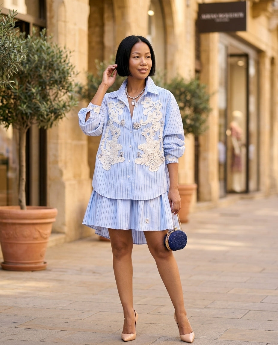 Light Blue Whisper Resort Embroidered Skirt Set Light Blue Skirt Set with Asymmetric silhouette and Textured texture, fabric and construction detail for Resort Wear, a gallery opening in Paris, Euro Chic Premium by Massicos