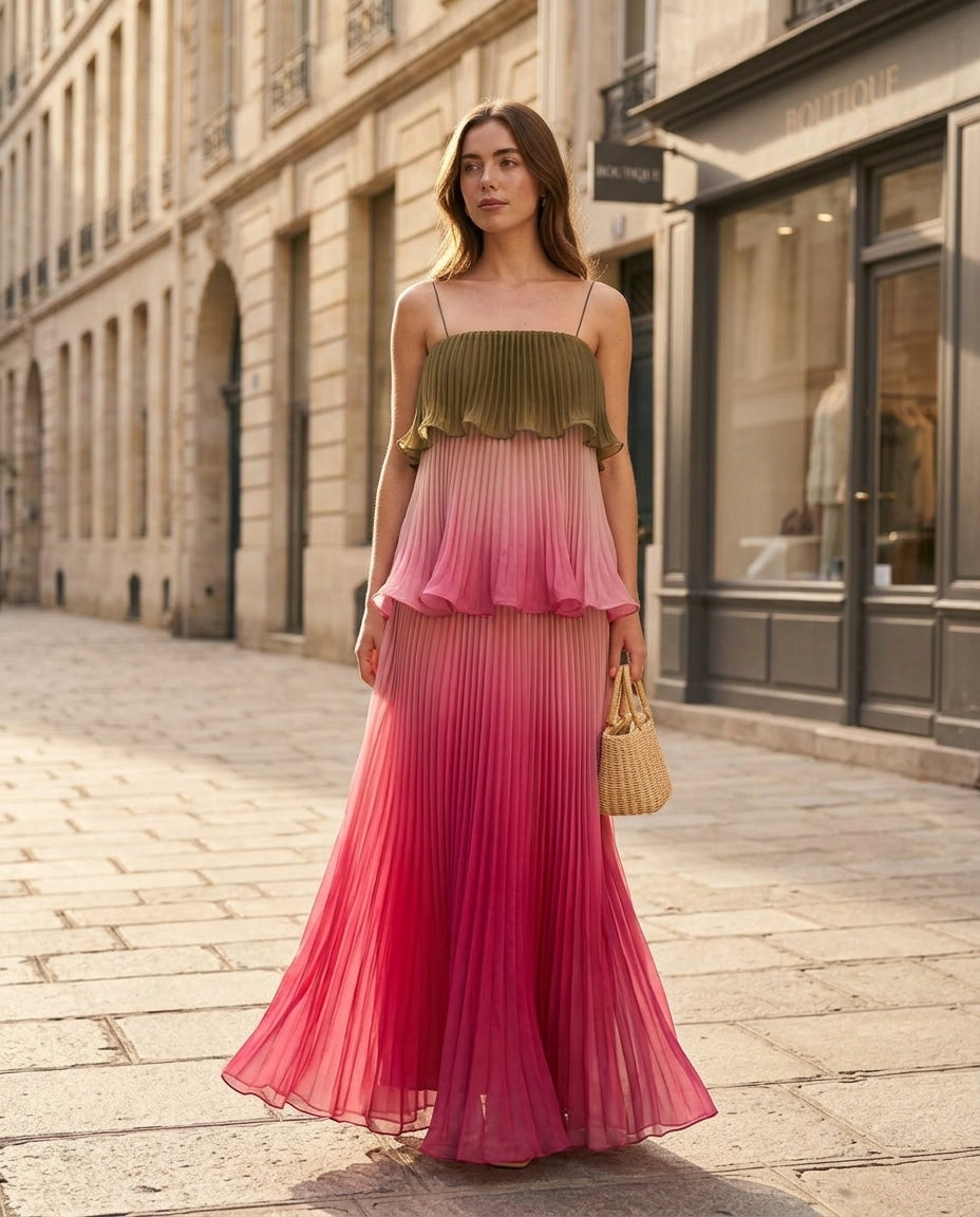 Pink Lustre Resort Pleated Maxi Dress Pink Maxi Dress with Asymmetric silhouette and Textured texture, fabric and construction detail for Resort Wear, a gallery opening in Paris, Euro Chic Premium by Massicos