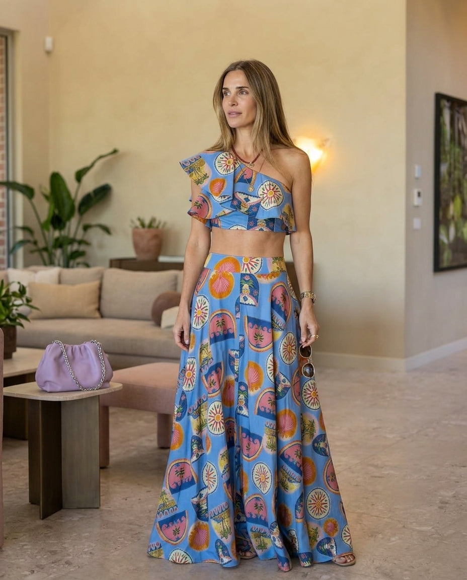 Blue Grace Summer Printed Two-Piece Set Blue Two-Piece Set with Asymmetric silhouette and Textured texture, fabric and construction detail for Weekend Escape, a rooftop dinner in LA, US Coastal Glam by Massicos
