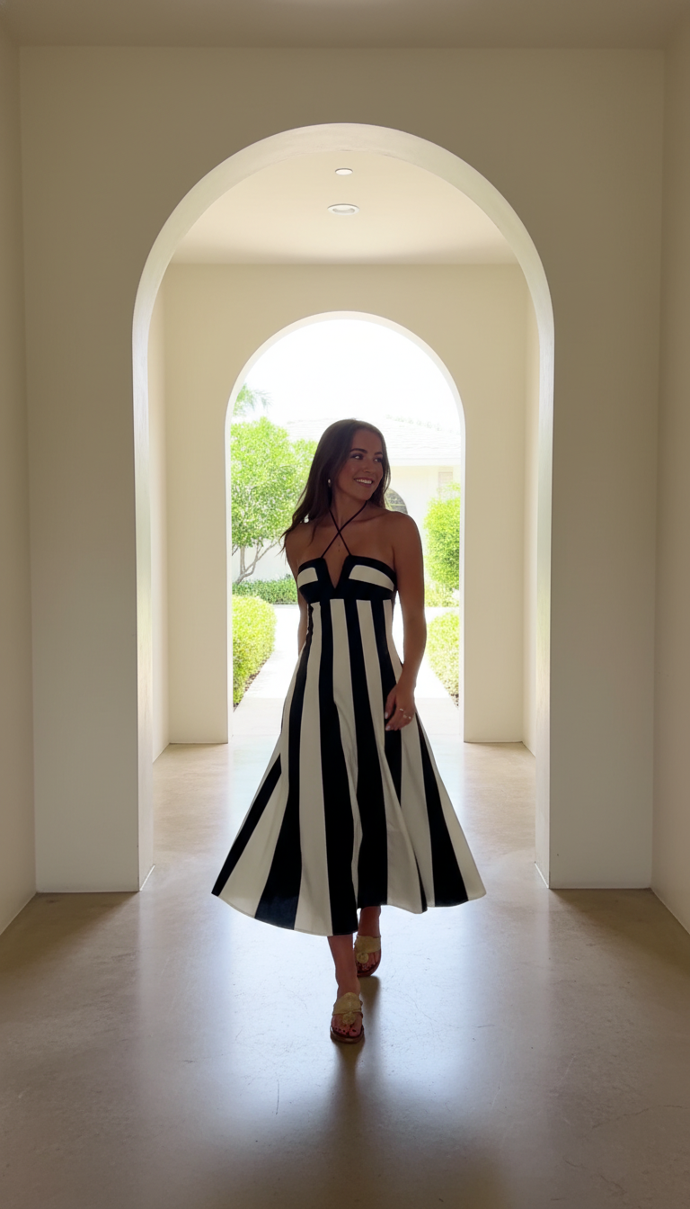 Black Striped Halter Striped Pattern Midi Dress product image 7