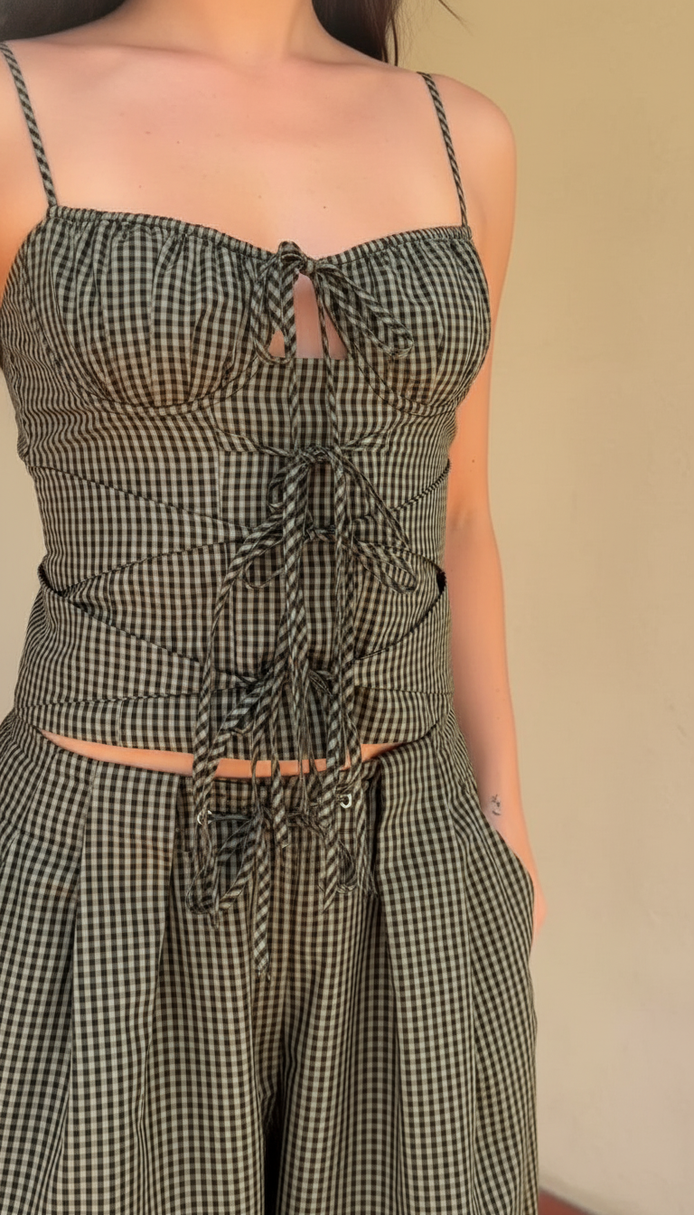 Black Gingham Print Wide-Leg Tie Front Pant Set product image 7