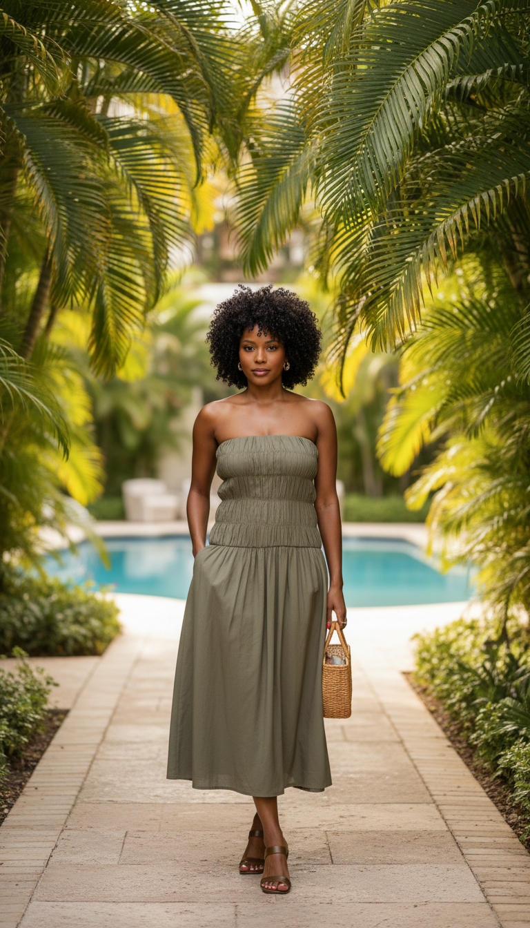 Olive Smocked Bodice Pockets Midi Dress product image 7