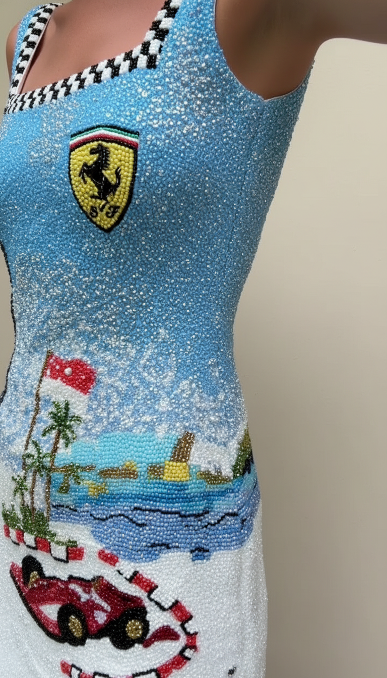 Blue Graphic Print Side Slit Beaded Texture Mini Dress product image 7