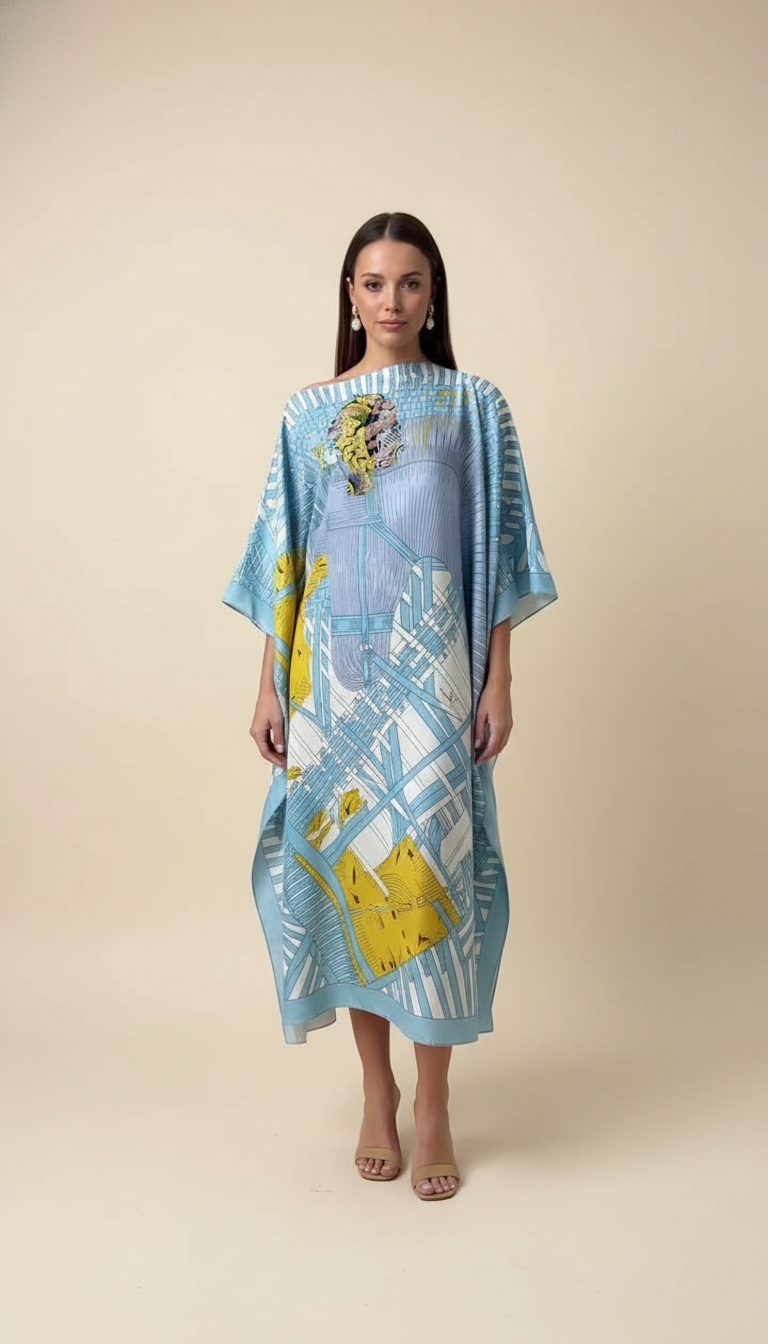 Blue Abstract Print Silk Asymmetric Neckline Kaftan Dress product image 7
