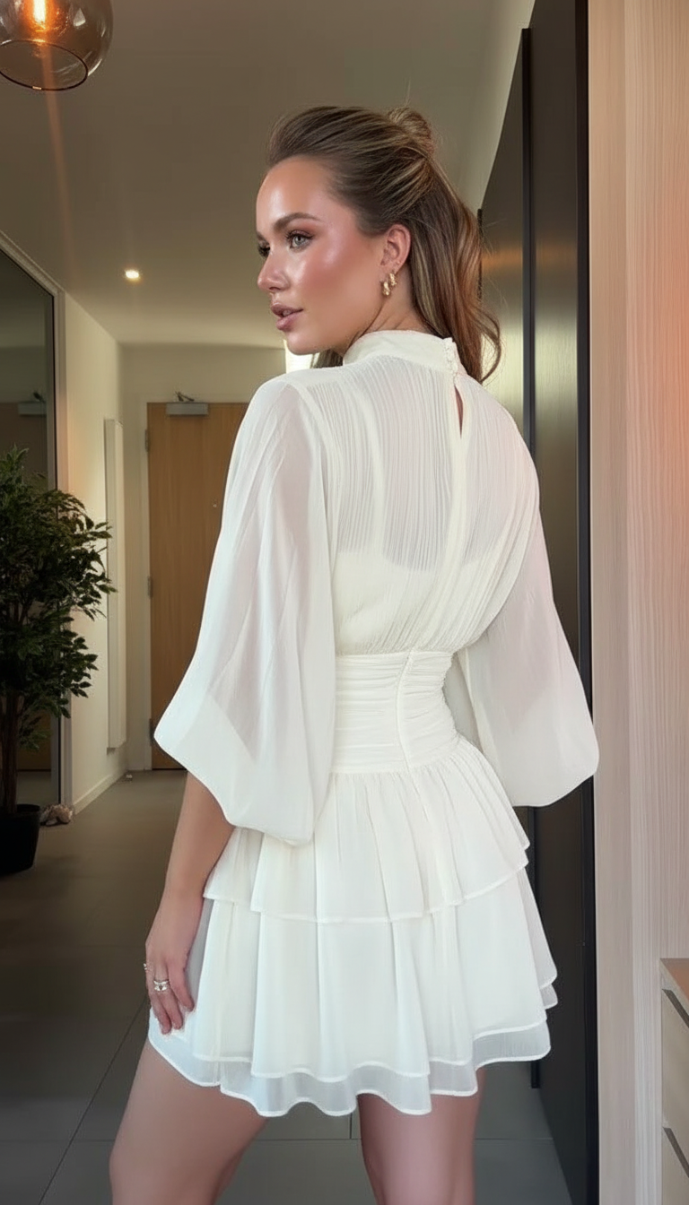 White Ruffle Pleated Ruffled Hem Mini Dress product image 7