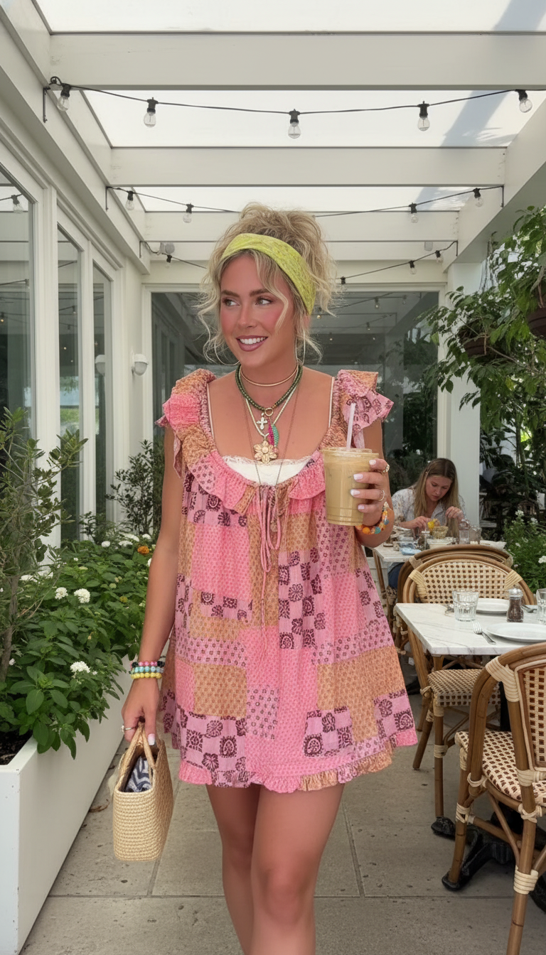 Pink Patchwork Print Ruffle Ruffled Hem Dress product image 7