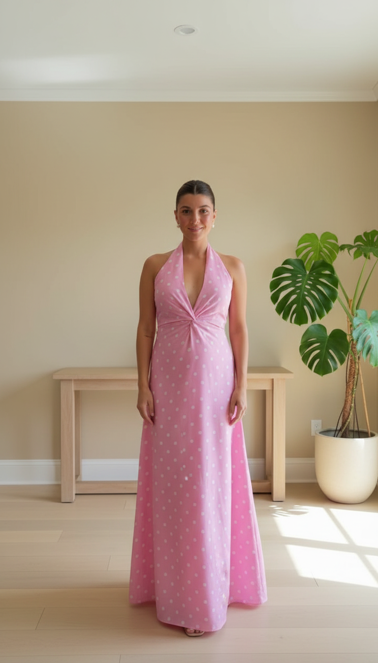 Pink Polka Dot Print Halter Twist Front Maxi Dress product image 7