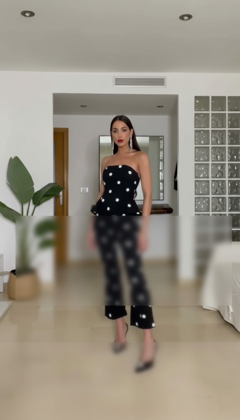 Black Polka Dot Print Cropped Peplum Top Pant Set product image 7