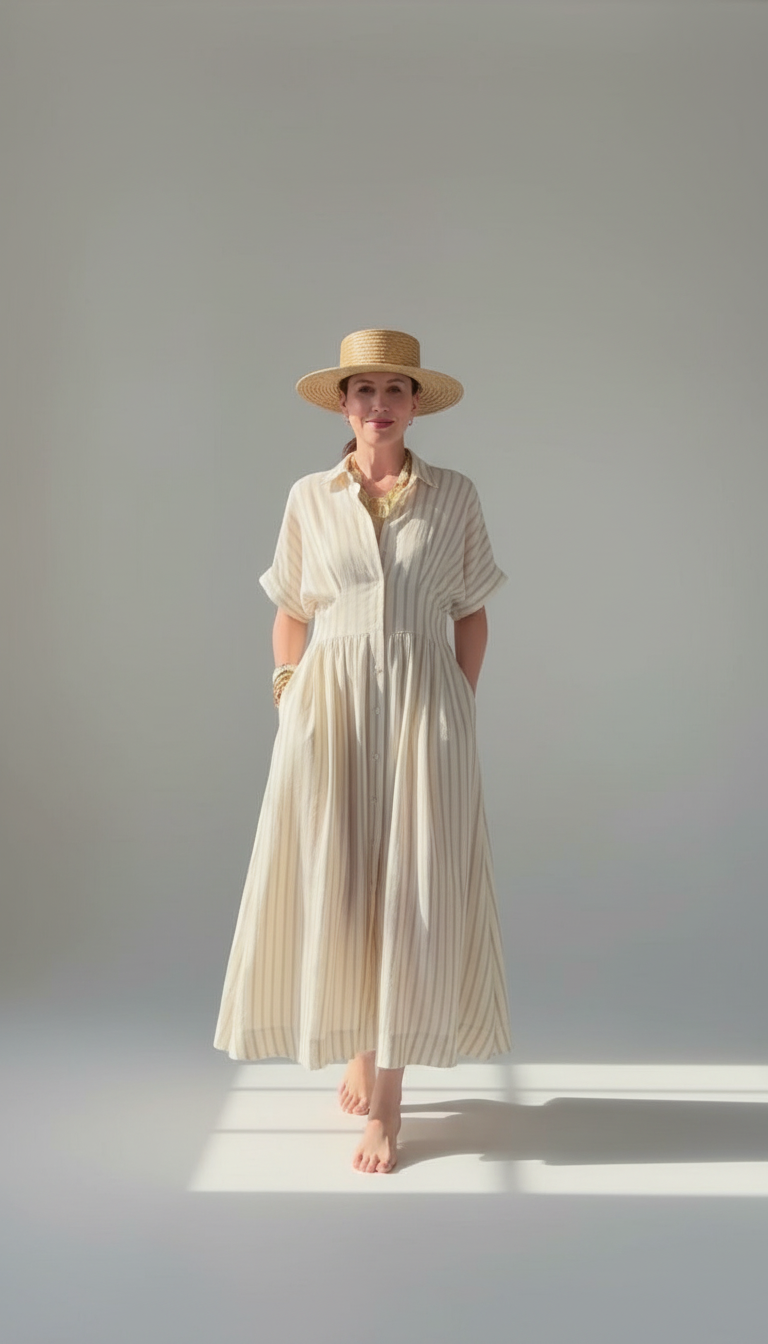 Beige Striped Button Front Pockets Midi Dress product image 7