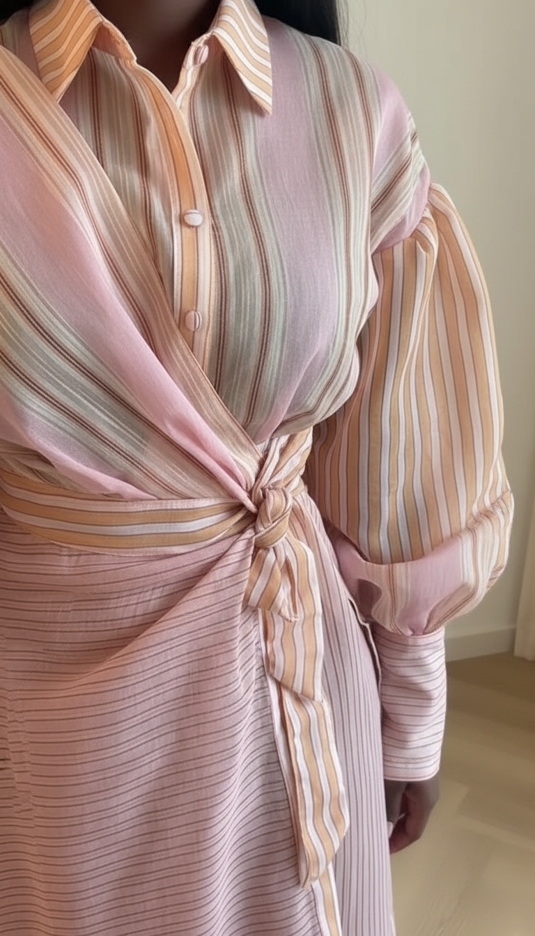Pink Striped Tie Waist Button Front Midi Dress product image 7