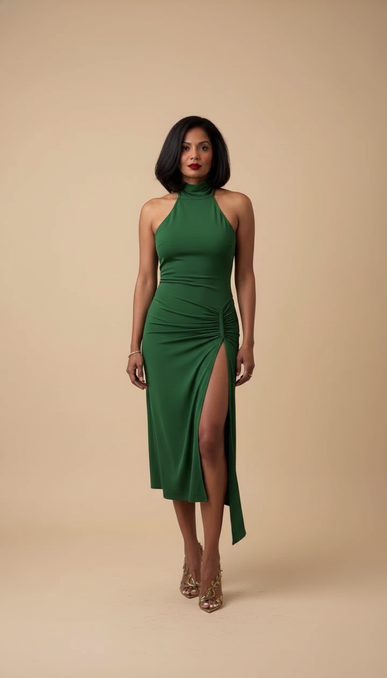 Green Halter Silk Side Slit Midi Dress product image 7