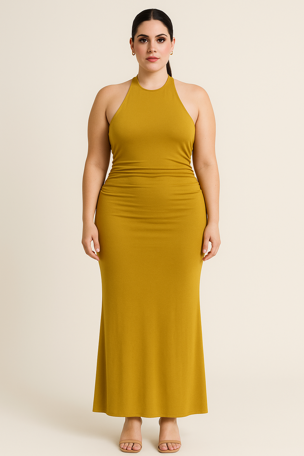 Mustard Backless Open-Back Halter Maxi Dress product image 7