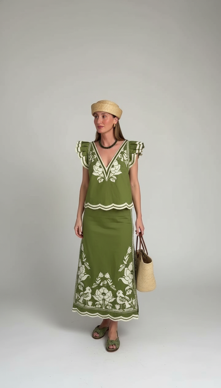 Green Floral V-Neck Ruffle Skirt Set product image 7
