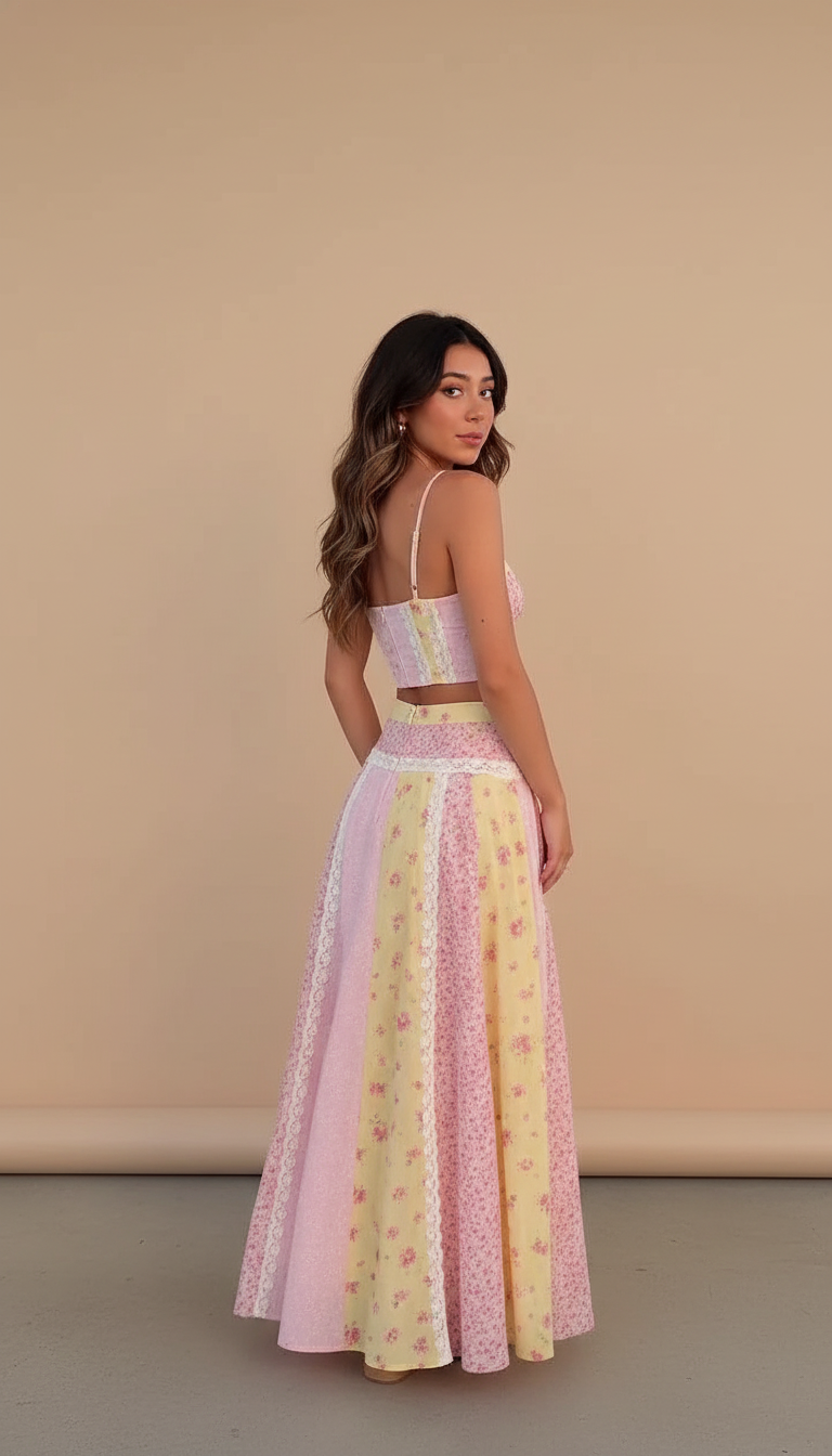 Pink Floral V-Neck Lace Skirt Set product image 7