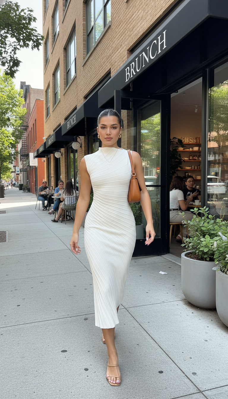 White Ribbed Texture Midi Dress product image 7