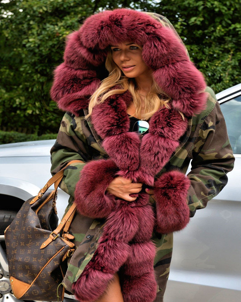 Trafni Women Faux Fur Camouflage Parka Women Hooded Long Winter Jacket Overcoat Plus Size S-3XL-Massicos
