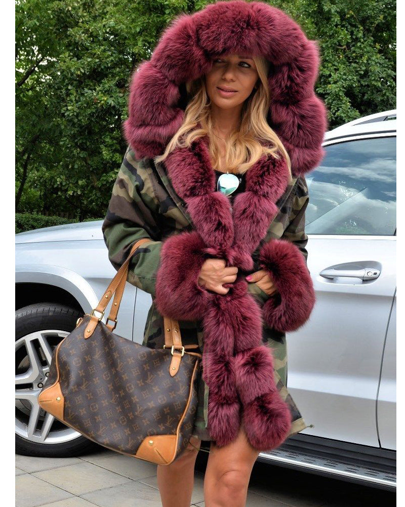 Trafni Women Faux Fur Camouflage Parka Women Hooded Long Winter Jacket Overcoat Plus Size S-3XL-Massicos