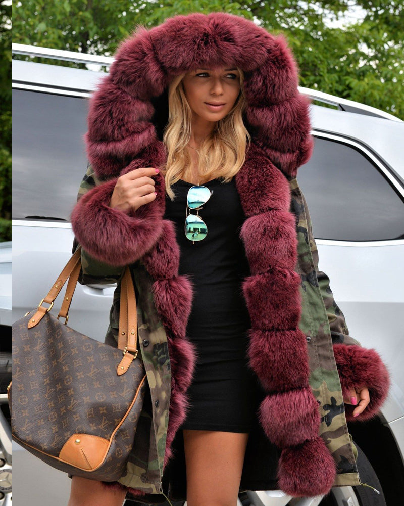 Trafni Women Faux Fur Camouflage Parka Women Hooded Long Winter Jacket Overcoat Plus Size S-3XL-Massicos