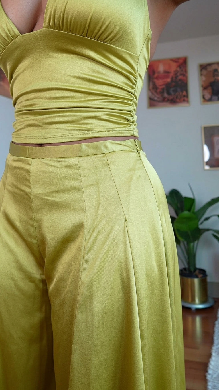 Olive Green Whisper Wedding Guest Satin Jumpsuit Olive Green Jumpsuit with Wide-Leg silhouette and Satin texture, additional styling view for Wedding Guest, a gallery evening, Fall current summer selling first with a light late-summer/pre-fall accent: mak by Massicos