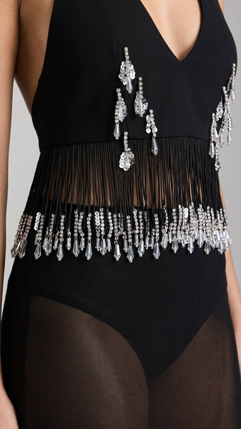 Black Charm Wedding Guest Sheer Jumpsuit Black Jumpsuit with Cropped silhouette and Ribbed Knit texture, additional styling view for Wedding Guest, a gallery evening, Fall current summer selling first with a light late-summer/pre-fall accent: make it wear by Massicos