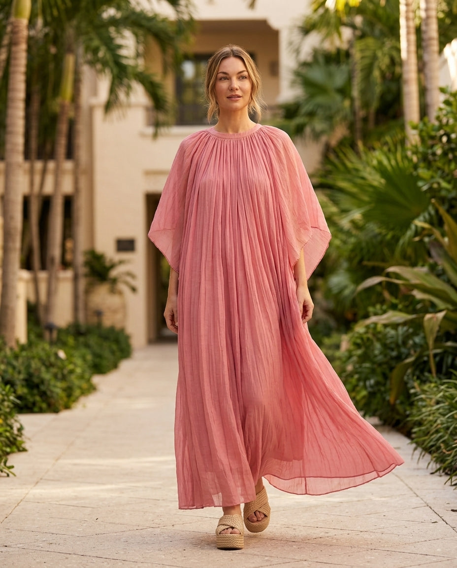 Pink Bloom Summer Pleated Maxi Dress Pink Maxi Dress with Asymmetric silhouette and Textured texture, additional styling view for Wedding Guest, a private garden lunch, US East / Hamptons Elite by Massicos