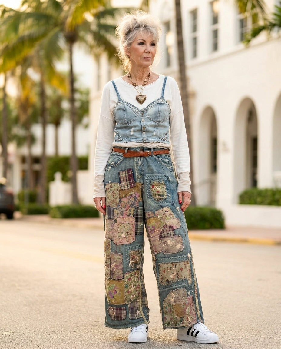 Denim Poise Summer Floral Pants Denim Pants with Wide-Leg silhouette and Textured texture, additional styling view for Business Casual, a Palm Springs weekend, US Coastal Glam by Massicos