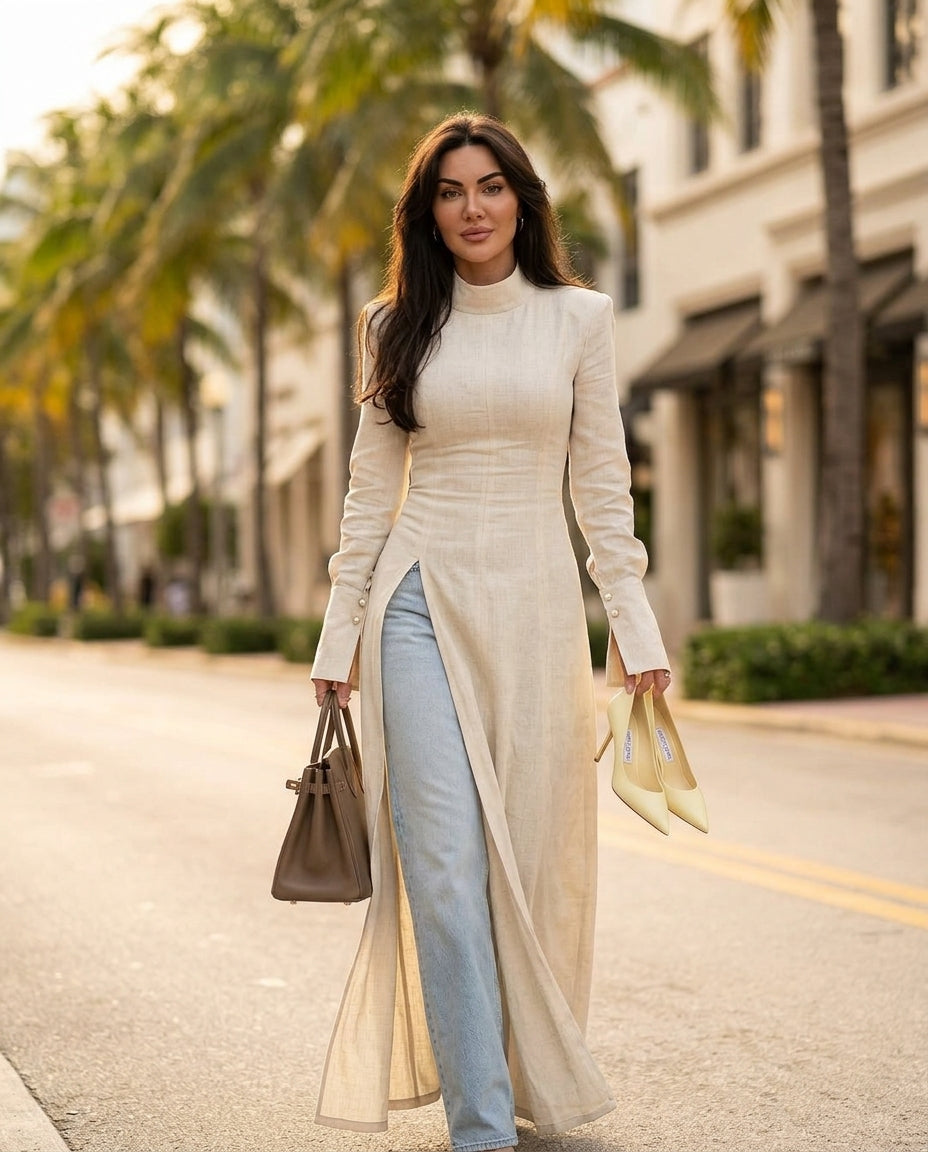 Ivory Velvet Summer Linen Maxi Dress Ivory Maxi Dress with Structured silhouette and Linen Blend texture, additional styling view for Vacation Evening, a polished coastal brunch, US East / Hamptons Elite by Massicos