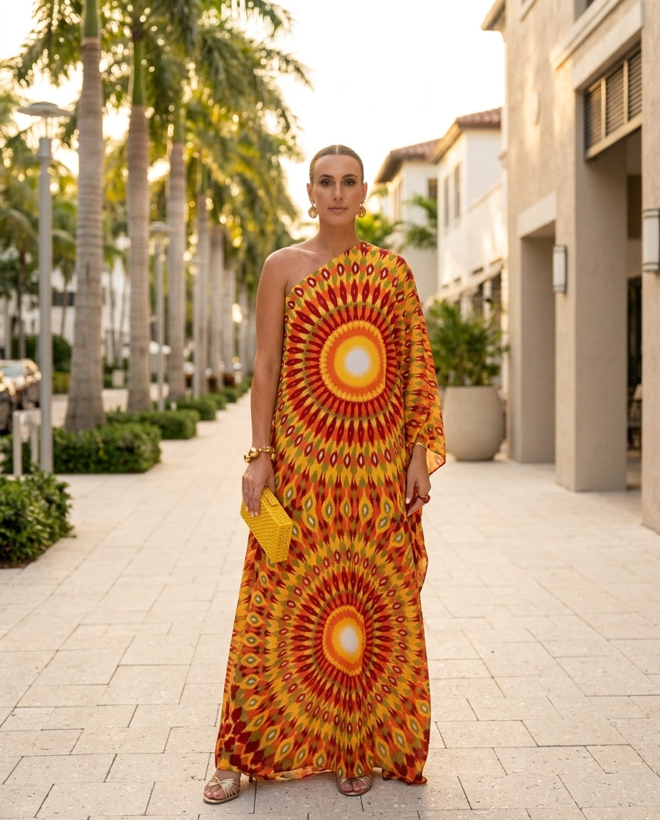 Butter Yellow Reverie Resort Printed Maxi Dress Butter Yellow Maxi Dress with Asymmetric silhouette and Textured texture, additional styling view for Resort Wear, a rooftop dinner in LA, US Coastal Glam by Massicos