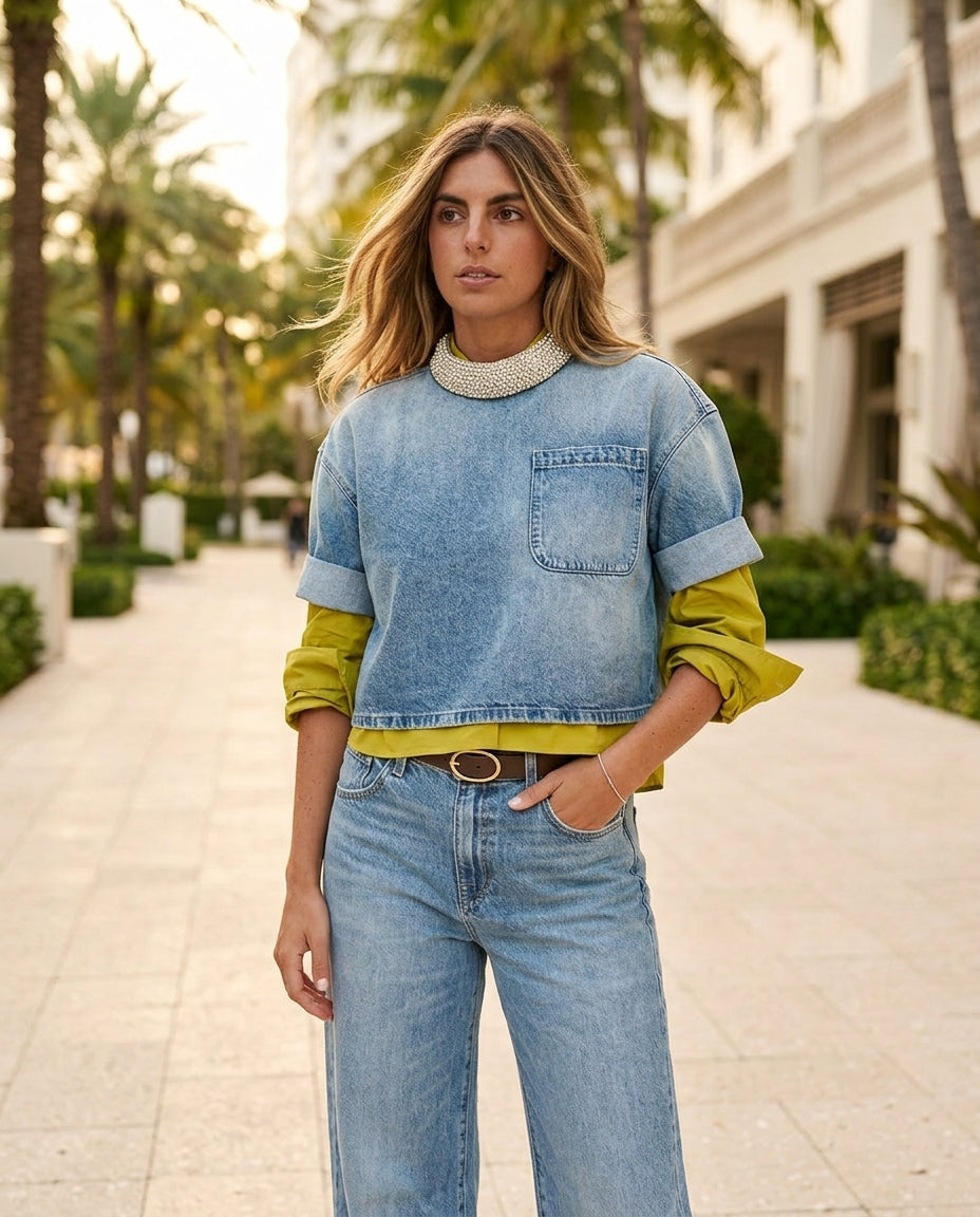 Light Blue Velvet Summer Denim Two-Piece Set Light Blue Two-Piece Set with Cropped silhouette and Textured texture, additional styling view for Vacation Set, a private garden lunch, US East / Hamptons Elite by Massicos