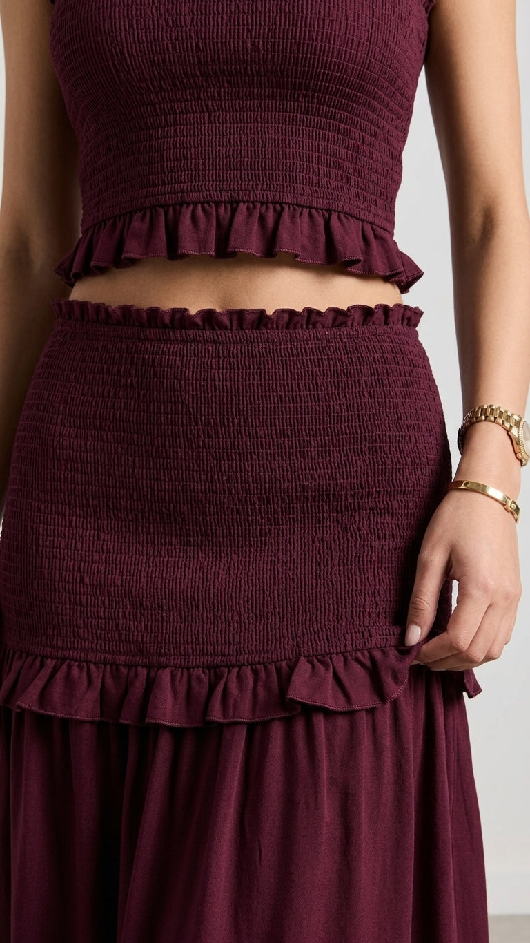 Burgundy Bloom Resort Printed Skirt Set Burgundy Skirt Set with Cropped silhouette and Linen Blend texture, additional styling view for Resort Wear, a gallery opening in Paris, Euro Chic Premium by Massicos