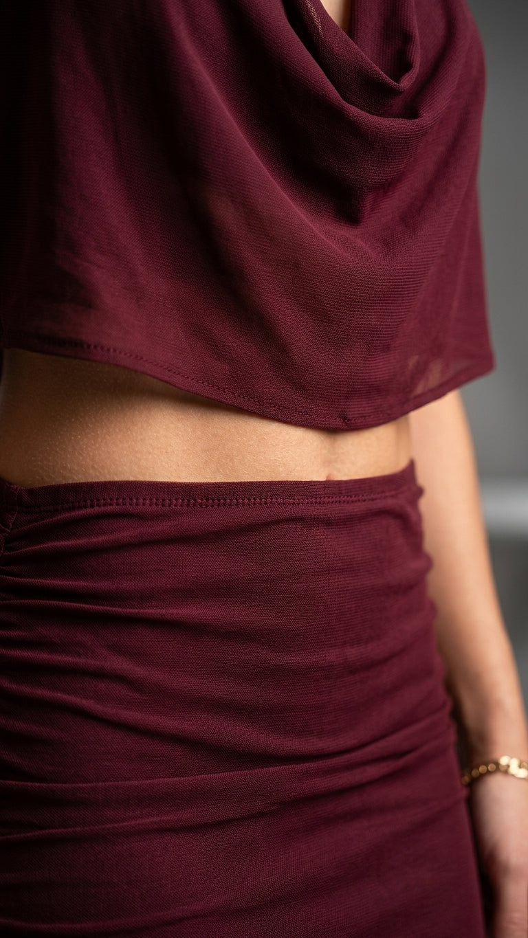 Burgundy Muse Evening Ruched Skirt Set Burgundy Skirt Set with Asymmetric silhouette and Textured texture, additional styling view for Date Night, an estate dinner at golden hour, US East / Hamptons Elite by Massicos
