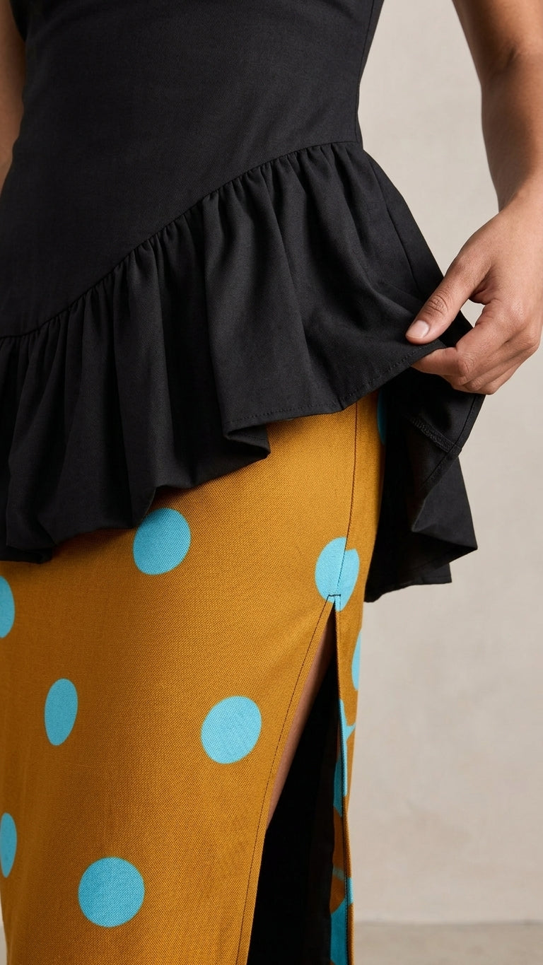 Black Allure Summer Polka Dot Skirt Set Black Skirt Set with Relaxed Fit silhouette and Textured texture, additional styling view for Vacation Set, a gallery opening in Paris, Euro Chic Premium by Massicos