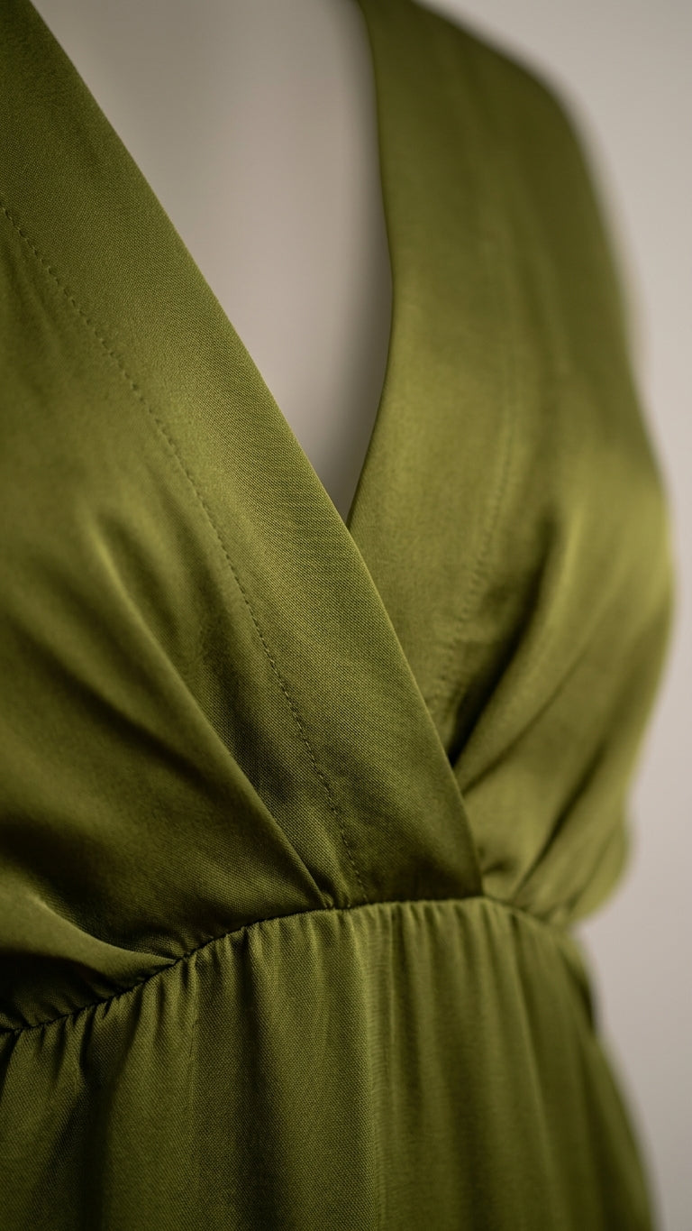 Olive Green Grace Summer Satin Maxi Dress Olive Green Maxi Dress with Asymmetric silhouette and Satin texture, additional styling view for Resort Dinner, Brunch in SoHo, US Coastal Glam by Massicos