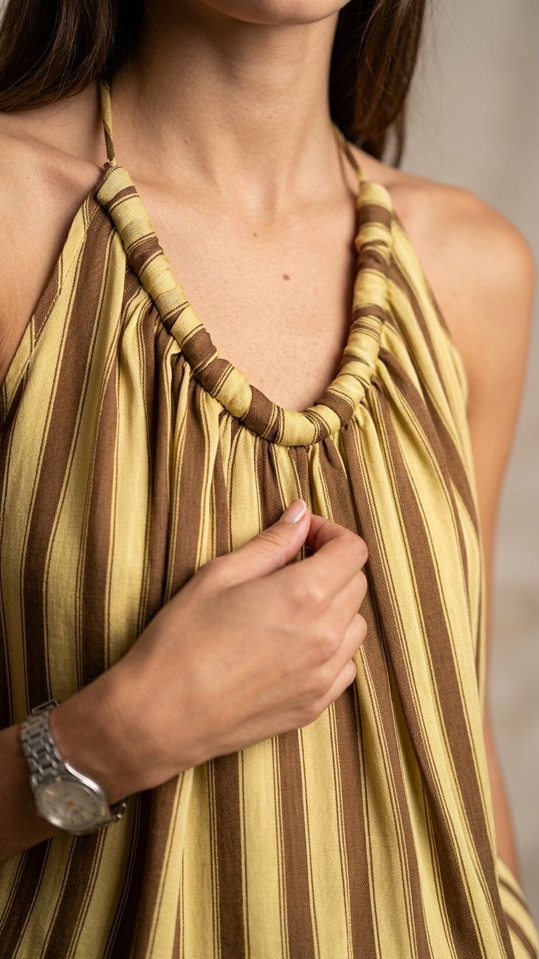 Butter Yellow Charm Resort Striped Romper Butter Yellow Romper with Relaxed Fit silhouette and Textured texture, additional styling view for Resort Wear, an estate dinner at golden hour, US East / Hamptons Elite by Massicos