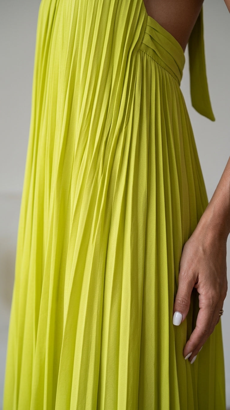 Lime Lustre Resort Printed Maxi Dress Lime Maxi Dress with Asymmetric silhouette and Textured texture, additional styling view for Resort Wear, a Palm Springs weekend, US Coastal Glam by Massicos
