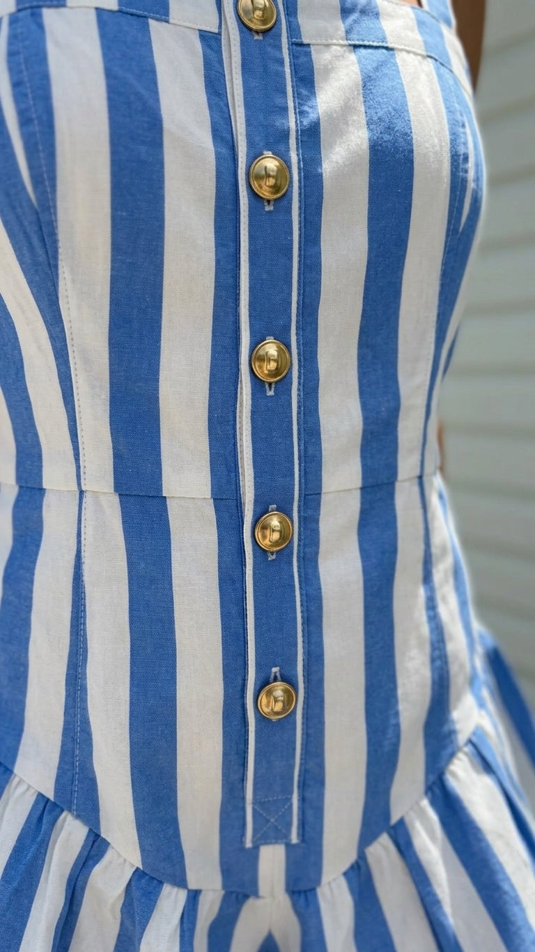 Blue Bloom Resort Striped Romper Blue Romper with Relaxed Fit silhouette and Textured texture, additional styling view for Resort Wear, a London dinner reservation, Euro Chic Premium by Massicos