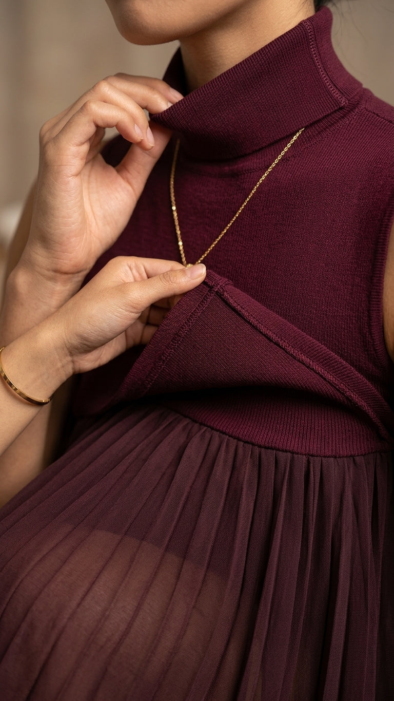 Burgundy Poise Summer Pleated Maxi Dress Burgundy Maxi Dress with Asymmetric silhouette and Ribbed Knit texture, additional styling view for Resort Dinner, a private garden lunch, US East / Hamptons Elite by Massicos