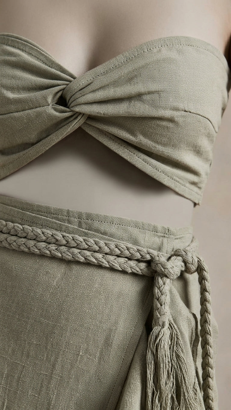 Sage Green Gleam Resort Ruffled Skirt Set Sage Green Skirt Set with Asymmetric silhouette and Linen Blend texture, additional styling view for Resort Wear, Weekend in The Hamptons, US East / Hamptons Elite by Massicos