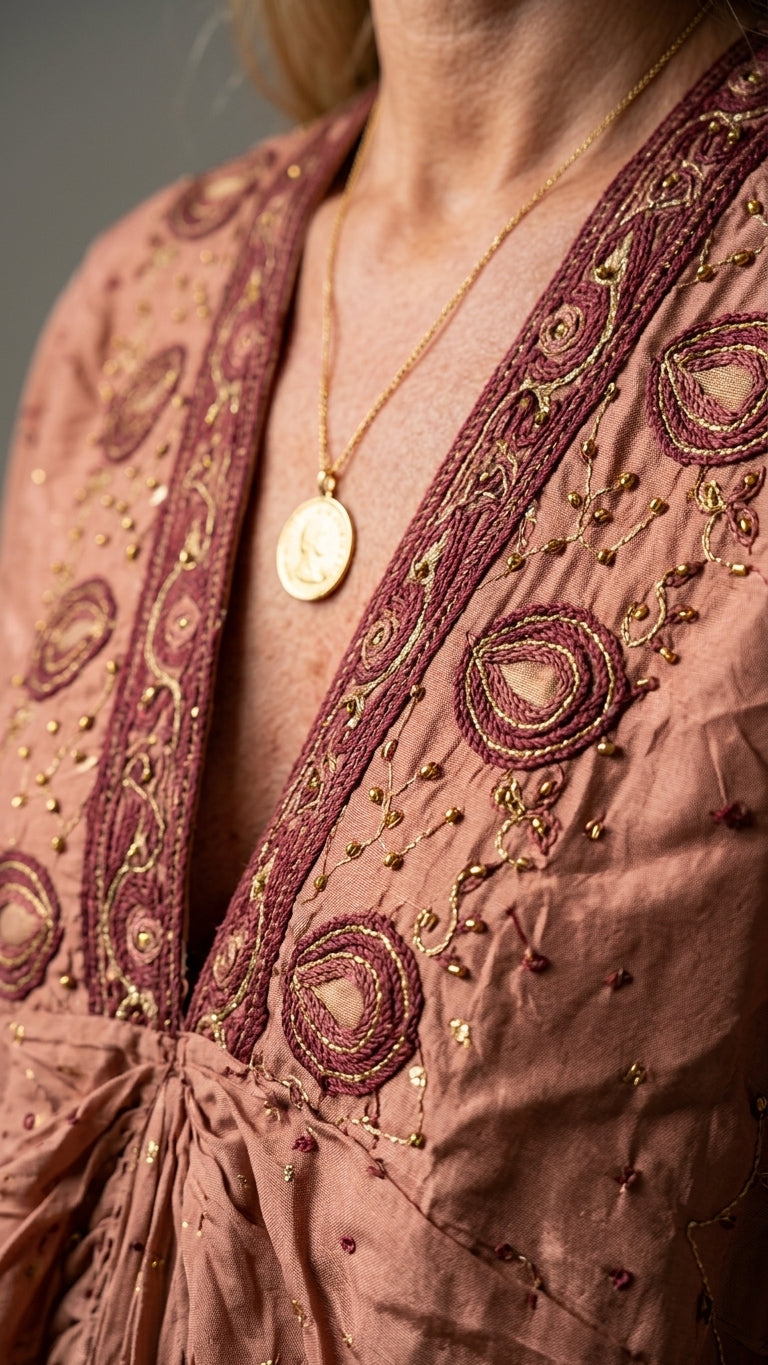 Blush Velvet Embroidered Maxi Dress Blush Maxi Dress with Asymmetric silhouette and Textured texture, additional styling view for Resort Dinner, Brunch in SoHo, US Coastal Glam by Massicos