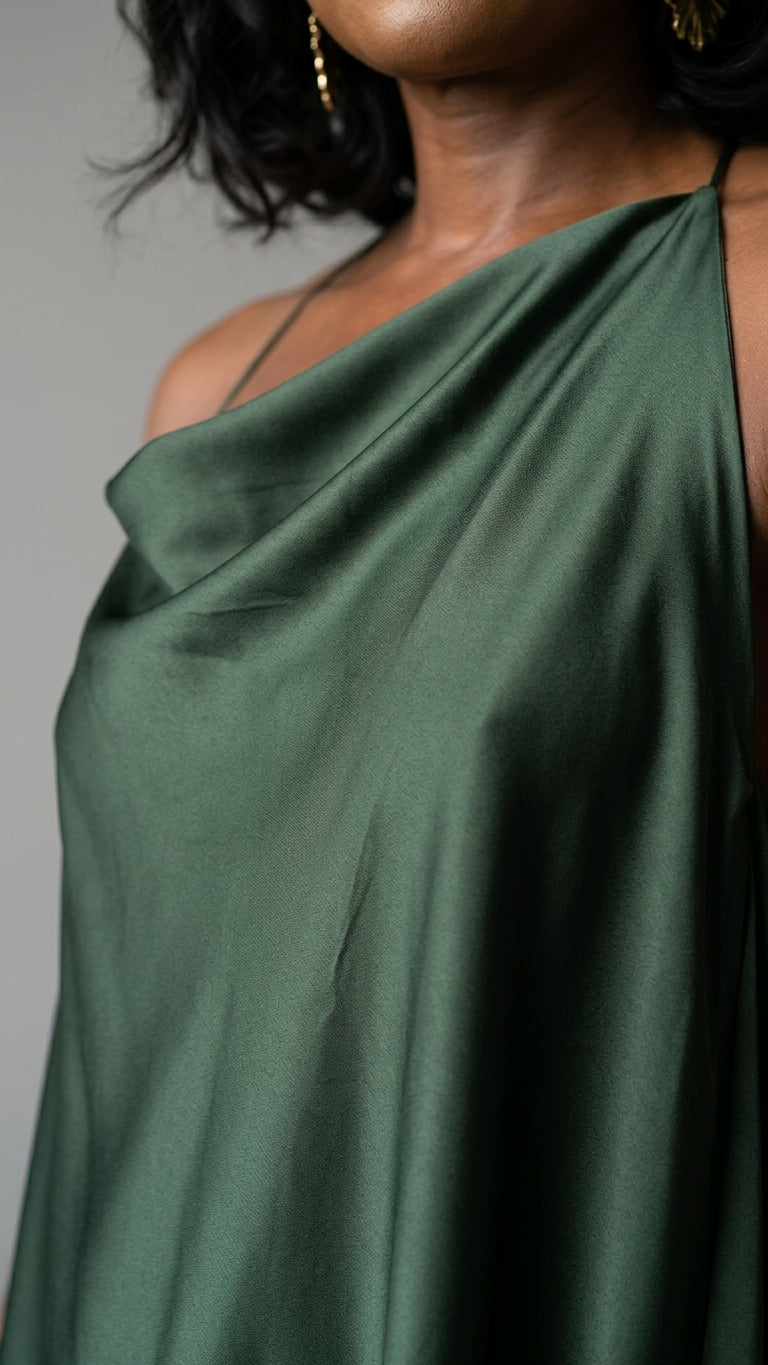 Dark Green Velvet Resort Satin Maxi Dress Dark Green Maxi Dress with Asymmetric silhouette and Satin texture, additional styling view for Resort Wear, a gallery opening in Paris, Euro Chic Premium by Massicos